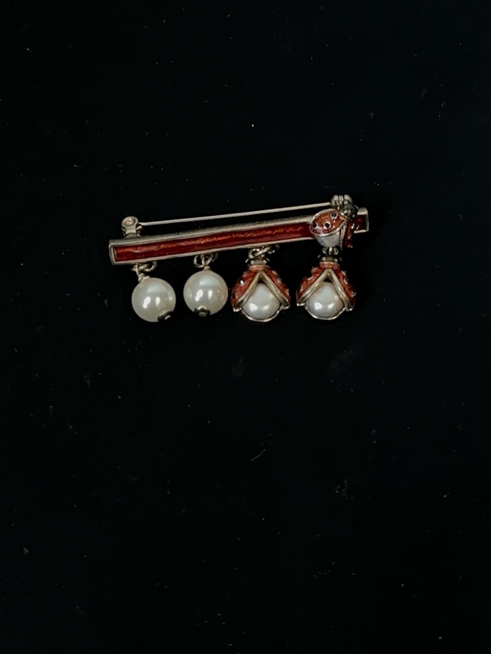 Chanel Classic Pearl Drop Brooch with Red Enamel Accent